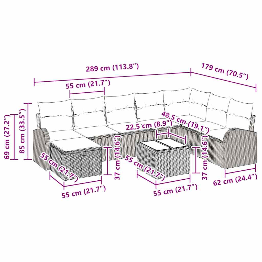 Garten-Sofa-Set 9 pcs Braun und Creme 289 x 179 x 85 cm